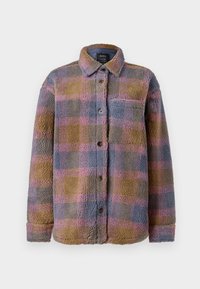 Giacca a quadri sfocata in tonalità tenui di marrone, blu e rosa. Presenta una chiusura con bottoni, maniche lunghe e una tasca sul petto. Texture accogliente.