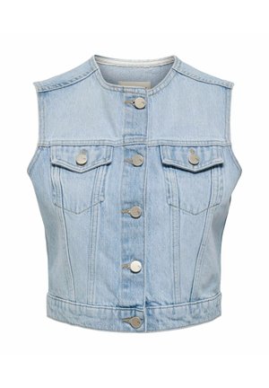 Lichtblauwe denim mouwloze vest met een rechte snit, vijf knopen aan de voorkant, twee borstzakken en zichtbare stikdetails.
