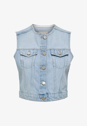 Hele sinine teksabluusita ilma varrukateta vest otse lõikega, viis esi nööpi, kaks rinna taskut ja nähtavad õmblusdetailid.