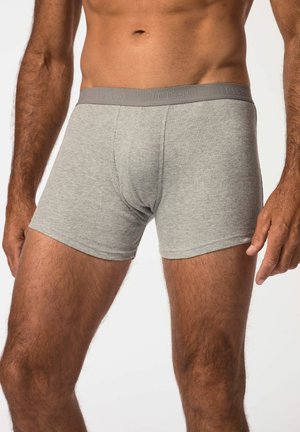 Boxer shorts grigi con costine e una vita elastica. Il tessuto appare morbido ed elastico, consentendo comfort e libertà di movimento.