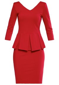 Červené šaty s výstřihem do V, dlouhými rukávy a pasem s volánkem. Vyrobené z elastické látky, mají přiléhavý střih sukně.