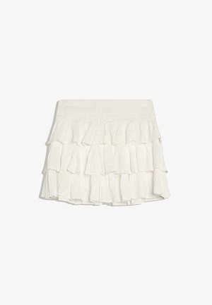 Biała, warstwowa mini spódnica z falbankami, szerokim elastycznym pasem i fakturowaną tkaniną.