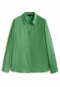 Chemise verte à manches longues en matériau lisse avec un col classique et une fermeture à boutons sur le devant. Ourlet droit.