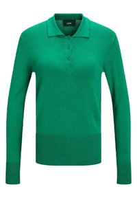 Grön långärmad polo-sweater gjord av mjukt tyg, med krage, tre-knapps knäppning och ribbade muddarna och fållen.