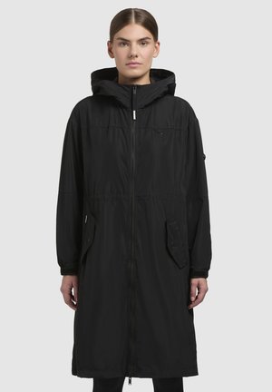 Black hooded long coat with a zip closure, side pockets, and elastic cuffs. Made of lightweight, smooth material, with a minimalistic design.
