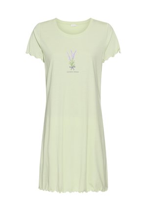 Hellgrünes Nachthemd mit kurzen Ärmeln, gewellten Kanten und einem zentralen Lavendelzweig-Grafik mit der Beschriftung "Lavender Dreams".