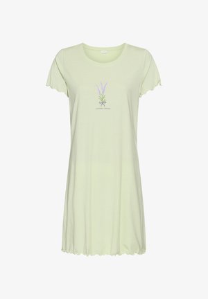 Hellgrünes Nachthemd mit kurzen Ärmeln, gewellten Kanten und einem zentralen Lavendelzweig-Grafik mit der Beschriftung "Lavender Dreams".