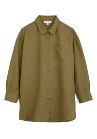 Olive green, long-sleeve button-up shirt made of textured fabric. Features a front pocket and a classic collar with a relaxed fit.