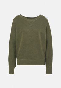 Olijfgroene sweatshirt, ronde hals, lange mouwen, ribgebreide manchetten en onderrand, zachte textuur, minimalistisch ontwerp met kruissteekdetails bij de hals.