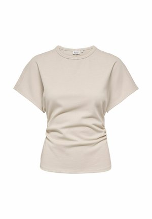 T-shirt beige à manches courtes et col rond avec un léger effet froncé sur le devant et une taille ajustée.
