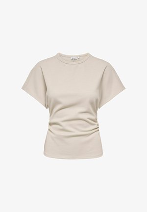 T-shirt beige à manches courtes et col rond avec un léger effet froncé sur le devant et une taille ajustée.