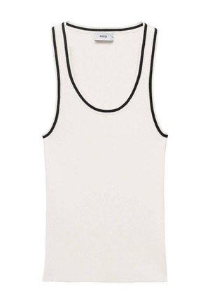 Weißes Tanktop mit gerippter Textur, mit schwarzem Besatz entlang des Halsausschnitts und der Armausschnitte. Einfaches, ärmelloses Design.