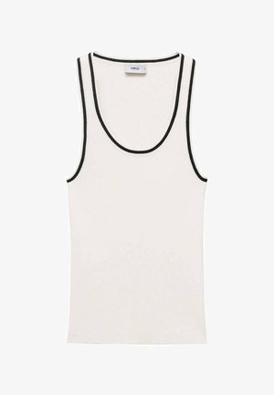 White tank top with a ribbed texture, featuring black trim along the neckline and armholes. Simple, sleeveless design.