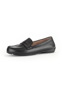 Zwarte leren loafers met een ronde neus, gestikte details, een gladde textuur en een kleine verhoogde accent aan de voorkant. Platte rubberen zool.