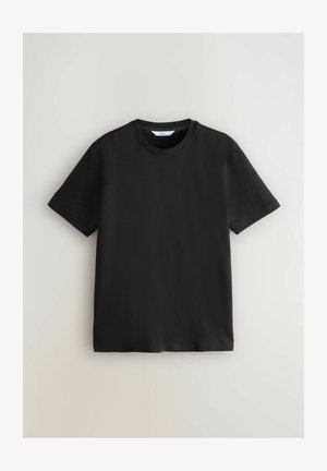 Sort bomulds t-shirt med korte ærmer, rund halsudskæring og en glat tekstur. Enkel design, uden mønstre eller udsmykninger.