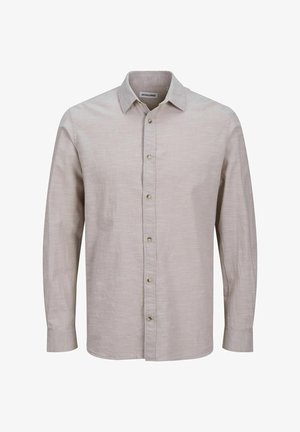 Svetlobéžová košeľa s dlhým rukávom z textúrovanej látky, s klasickým golierom, gombíkovým zapínaním a šiestimi svetlými gombíkmi.