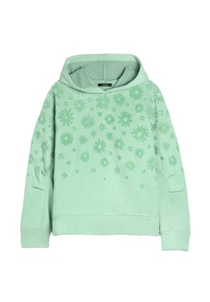 Miętowy hoodie z kwiatowym wzorem w różnych odcieniach, z przednią kieszenią i kapturem ze sznurkiem. Miękka, teksturowana tkanina.