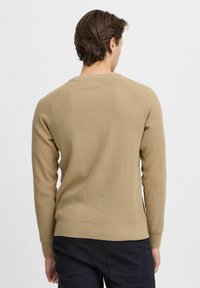 Beige gebreide trui met lange mouwen en een ronde halslijn. Heeft een gestructureerde stof en een reguliere pasvorm, gezien vanaf de achterkant.