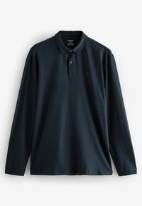 Marineblauw poloshirt met lange mouwen van zachte katoen, voorzien van een klassieke kraag, twee knopen en een klein ton-sur-ton logo op de borst.