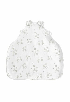White baby sleep sack with gray crescent moons and stars pattern, snap buttons on shoulder straps, sleeveless design.