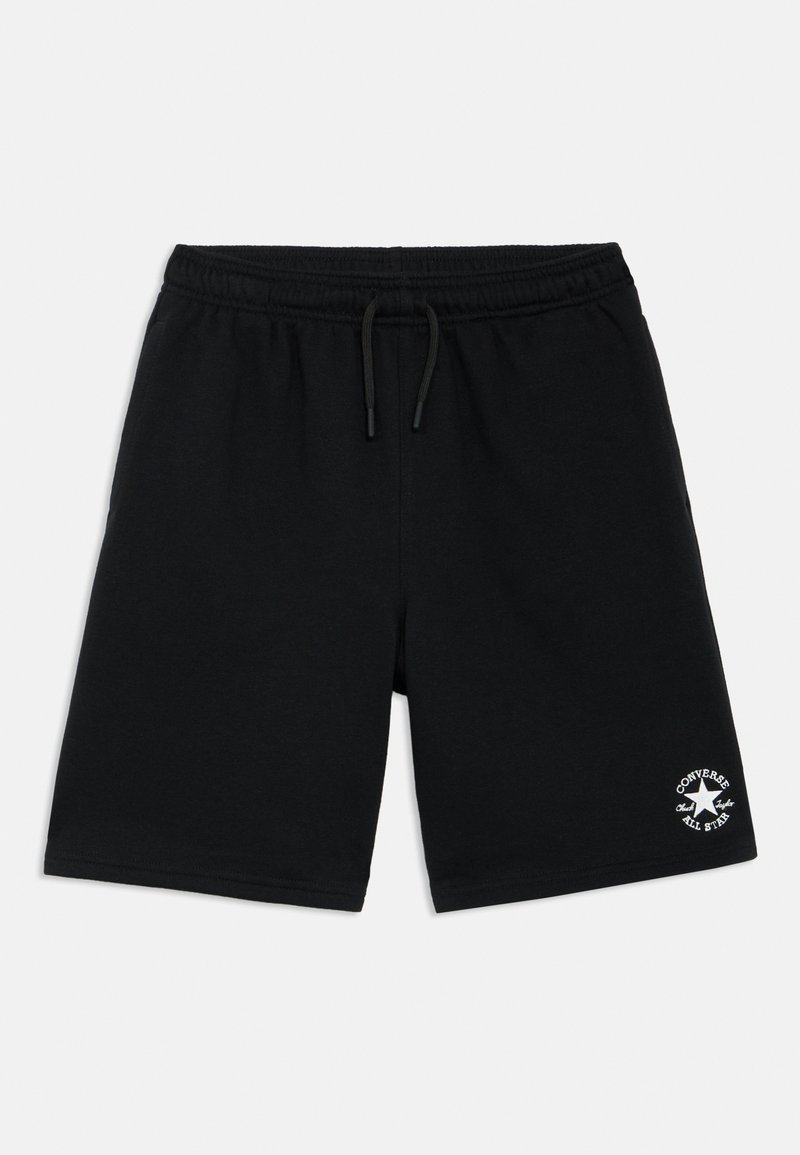 Μαύρα βαμβακερά σορτς με ελαστική μέση, κορδόνι και λευκή κεντητή στάμπα στο αριστερό πόδι. Ομαλή υφή, σχέδιο μήκους έως το γόνατο.