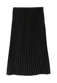 Schwarzer, gefalteter Rock mit elastischem Bund. Verfügt über vertikale Falten und eine glatte Textur. Mittellanges Design, das sich für verschiedene Anlässe eignet.