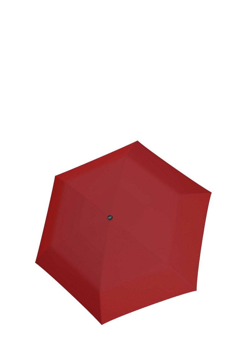 Rode hexagonale paraplu met een gladde textuur en een effen kleur, voorzien van een centrale zwarte knop voor het openen en sluiten.