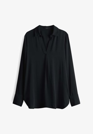 Zwarte blouse met lange mouwen, V-hals en kraag, gemaakt van een soepele stof; heeft een casual pasvorm en knoopmanchetten.