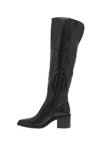 Bottes noires montantes en cuir brillant, dotées d'un talon épais, d'un bout pointu et d'une fermeture éclair sur le côté pour un enfilage facile. Texture lisse sur toute la surface.