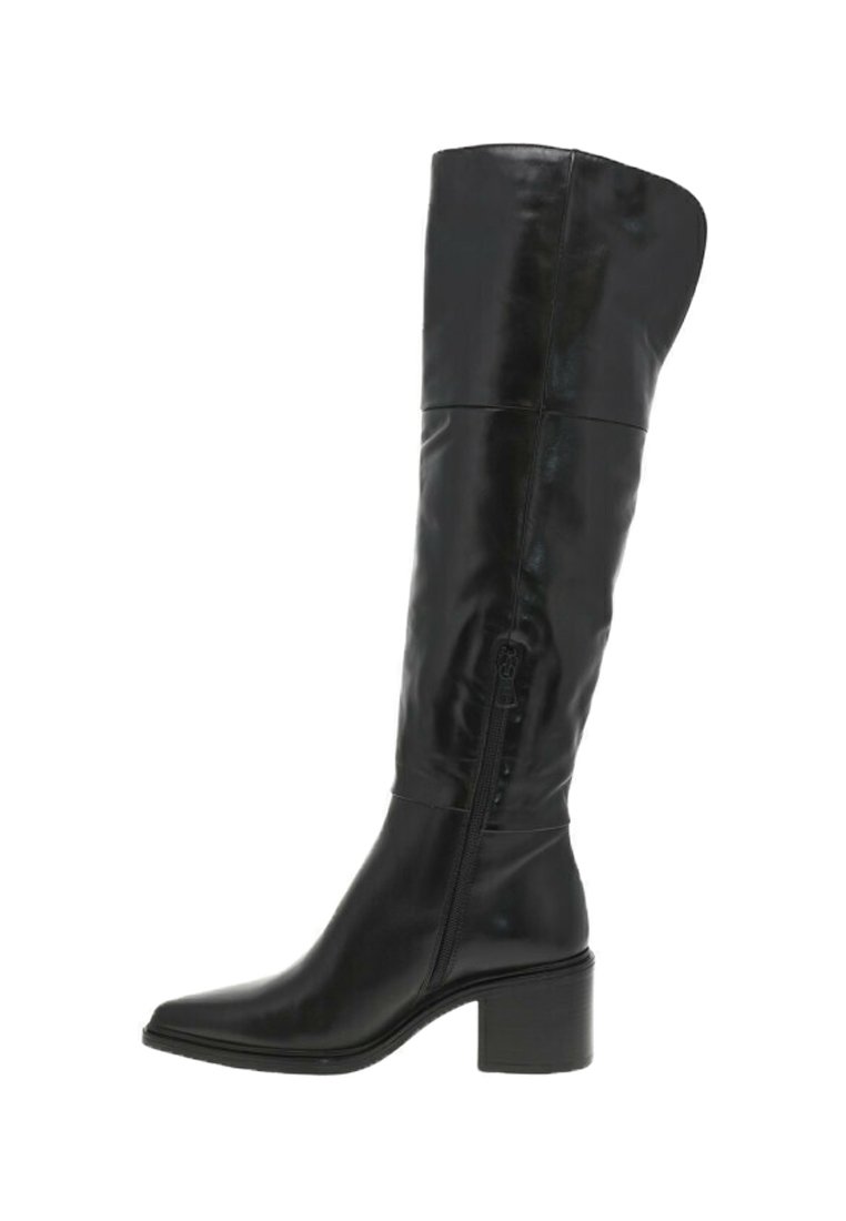 Bottes noires montantes en cuir brillant, dotées d'un talon épais, d'un bout pointu et d'une fermeture éclair sur le côté pour un enfilage facile. Texture lisse sur toute la surface.