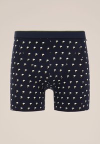 Mörkblå boxershorts med ett upprepat mönster av glasskoner i vitt och gult. Tillverkade av mjukt tyg med elastisk midja.