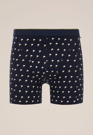 Boxer shorts blu navy con un motivo ripetuto di coni gelato in bianco e giallo. Realizzati in tessuto morbido con fascia elastica in vita.