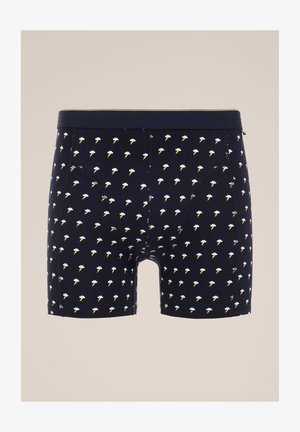 Boxeri de culoare bleumarin cu un model repetat de con de înghețată în alb și galben. Realizați dintr-un material moale, cu un tiv elastic.