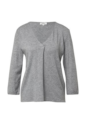 Pull-over en tricot gris clair à manches longues avec décolleté en V et un subtil détail de pli à l'avant, taille 36, présenté sur un fond blanc.