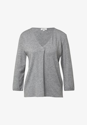 Vaaleanharmaa pitkähihainen neulepaita, jossa on V-pääntie ja hienovarainen etupuolen laskos, koko 36, esillä valkoista taustaa vasten.