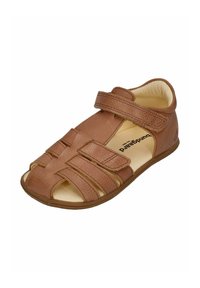 Brown leather sandal featuring open-toe design, multiple strap closures, and a textured surface. Lightweight with a flexible sole.
