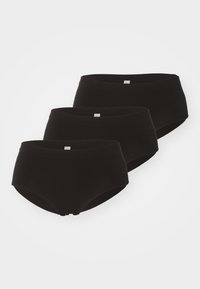 Three pairs of black cotton hipster panties with a soft texture, a wide waistband, and seamless construction for comfort.