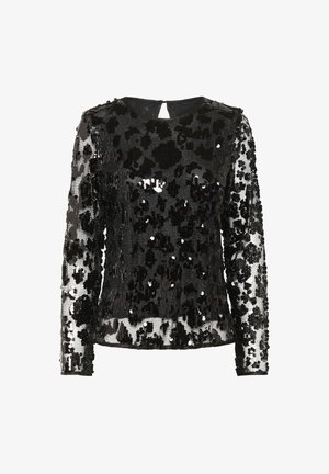 Haut noir à manches longues recouvert de sequins noirs brillants avec un motif floral. Présente un décolleté rond et une ouverture en forme de goutte au dos.