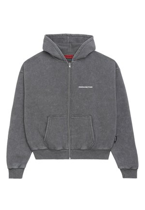 Gray zip-up hoodie with a drawstring hood, front kangaroo pockets, ribbed cuffs and hem, and "PROHIBITED" logo printed on the chest.