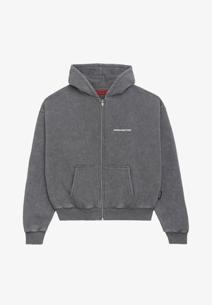 Grå zip-up hettegenser med snorhette, frontkjørerlommer, ribbestrikkede mansjetter og hem, og "FORBUDT"-logo trykket på brystet.