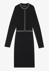 Fekete kötött ruha hosszú ujjal, kerek nyakkivágással, elülső középen gyöngyszerű díszítéssel. Testhez simuló fazon, egyenes szegéllyel.