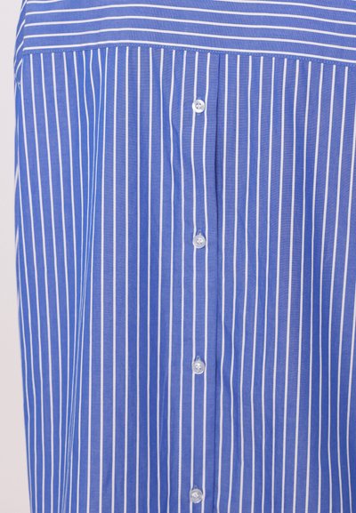 Blue and white striped shirt with buttons. Features a light fabric, vertical stripes, and five button closures down the front.