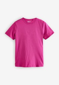 T-shirt à manches courtes et col rond de couleur rose vif. Confectionné en coton, avec une texture lisse et des coutures discrètes. Étiquette du modèle visible au niveau du col.