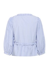 Bluza bleu deschis cu dungi, cu decolteu cu volane, mâneci bufante și talie elastică. Material din bumbac cu dungi verticale.