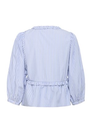 Lichtblauw gestreepte blouse met een gerimpelde halslijn, gebloemde mouwen en een elastische tailleband. Katoenen stof met verticale strepen.