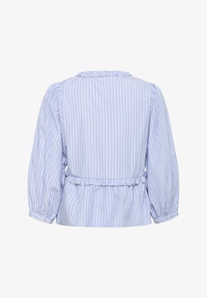 Lichtblauw gestreepte blouse met een gerimpelde halslijn, gebloemde mouwen en een elastische tailleband. Katoenen stof met verticale strepen.