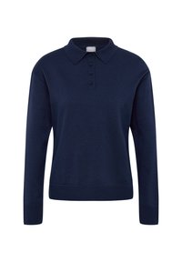 Dunkelblauer gestrickter Polopullover mit Kragen, drei Knöpfen, langen Ärmeln und geripptem Saum. Strukturiertes Material mit glatter Oberfläche.