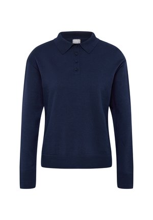 Dunkelblauer gestrickter Polopullover mit Kragen, drei Knöpfen, langen Ärmeln und geripptem Saum. Strukturiertes Material mit glatter Oberfläche.