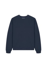 Felpa girocollo blu navy in cotone. Caratterizzata da maniche lunghe, polsini e orlo ribattuti, con un taglio dritto e un design minimalista.