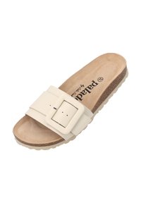 Licht beige slipper sandaal met een brede band, grote vierkante gesp en een gestructureerde voetbed. Gecorrigeerde kurkachtige zool voor comfort.